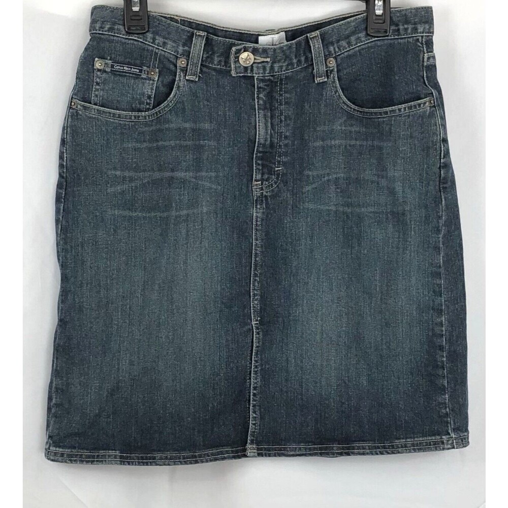Calvin Klein straight skirt 8 faded blue wash knee length 31"W 5 pocket slit y2K